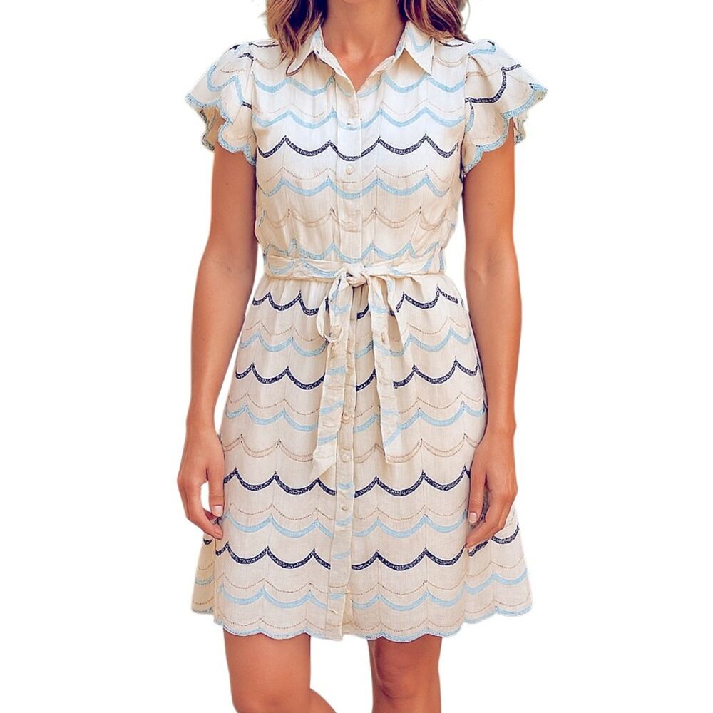 Blue White Eyelet Cottagecore Midi Dress Tie Waist XL
